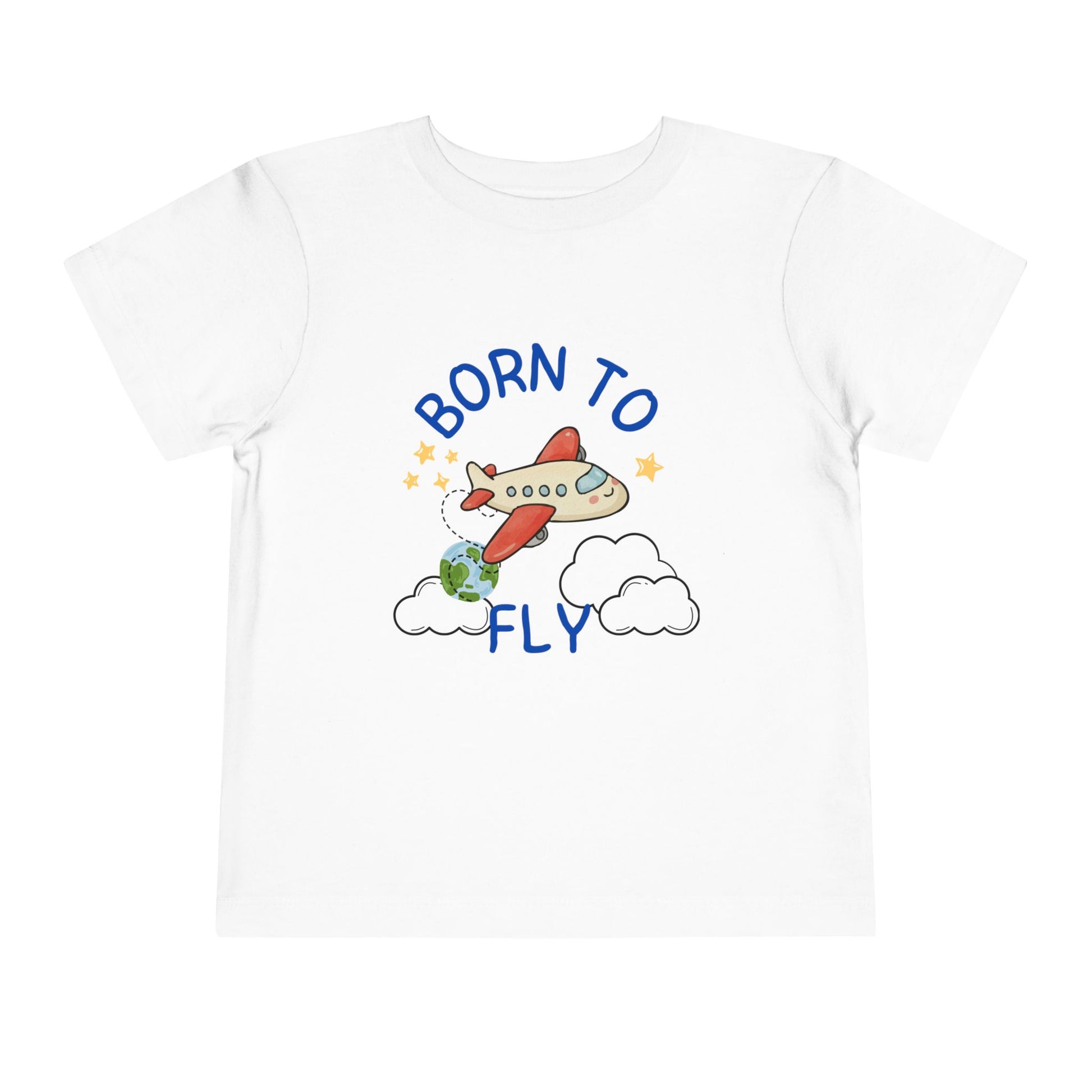 White t-shirt with a cartoon airplane and 'Born to Fly' text on a white background
